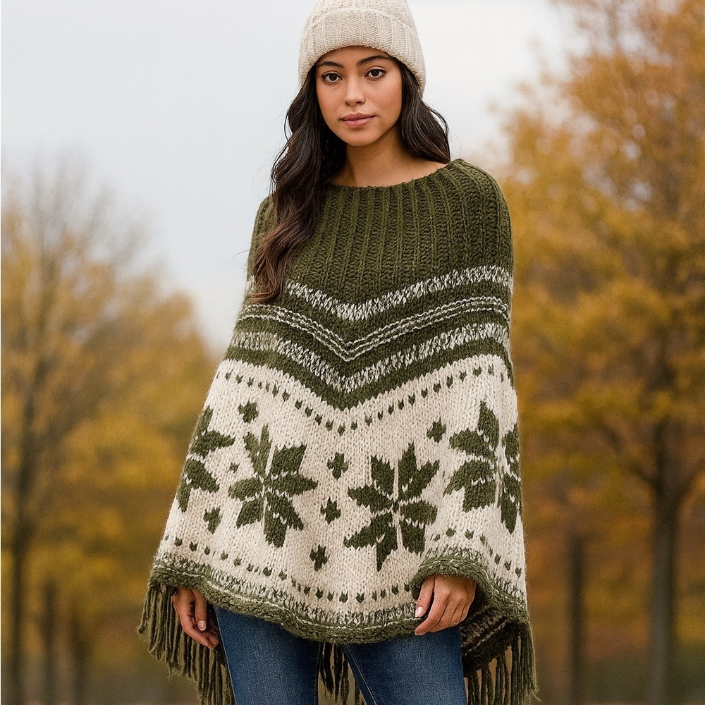 BCBGMaxAzria Olive Green and Cream Knit Poncho with Fringe